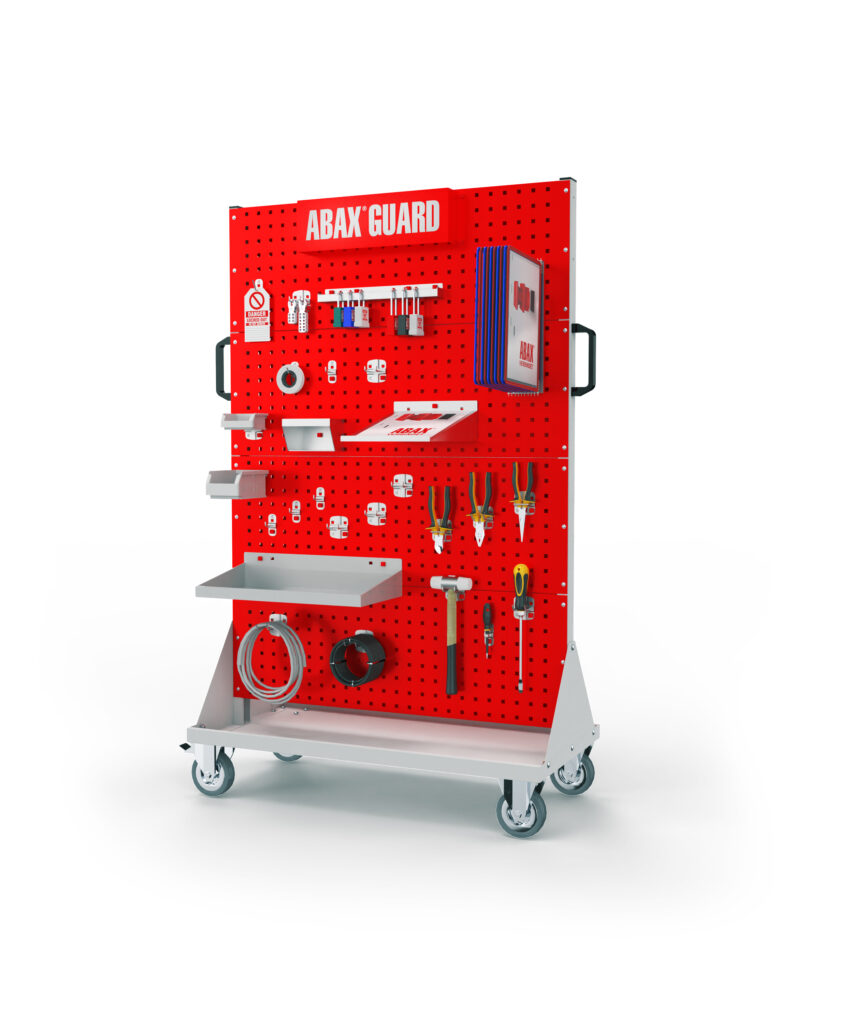 ABAX® Guard Trolley – mobile Lockout-Tagout Station (LoTo-Station) mit 8 Lochplatten, beidseitiger Nutzung & stabilem Fahrgestell. Ideal für industrielle Sicherheit nach OSHA 1910.147.